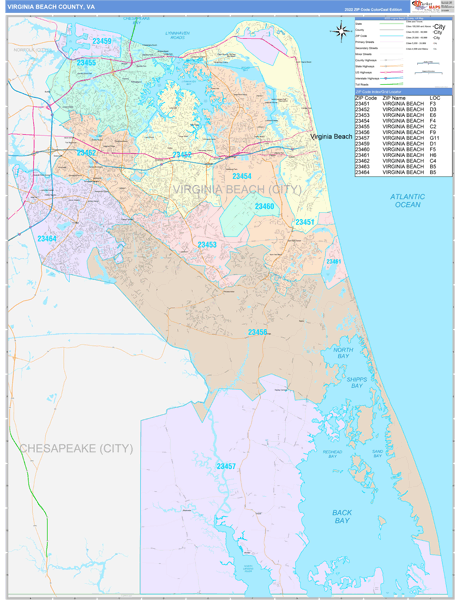 Virginia Beach County, VA Zip Code Map